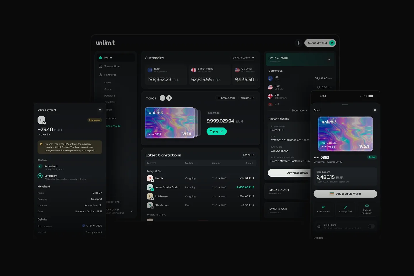 Unlimit Accounts: the web dashboard with balances, cards and transactions, a card payment in progress, and the card screen on mobile