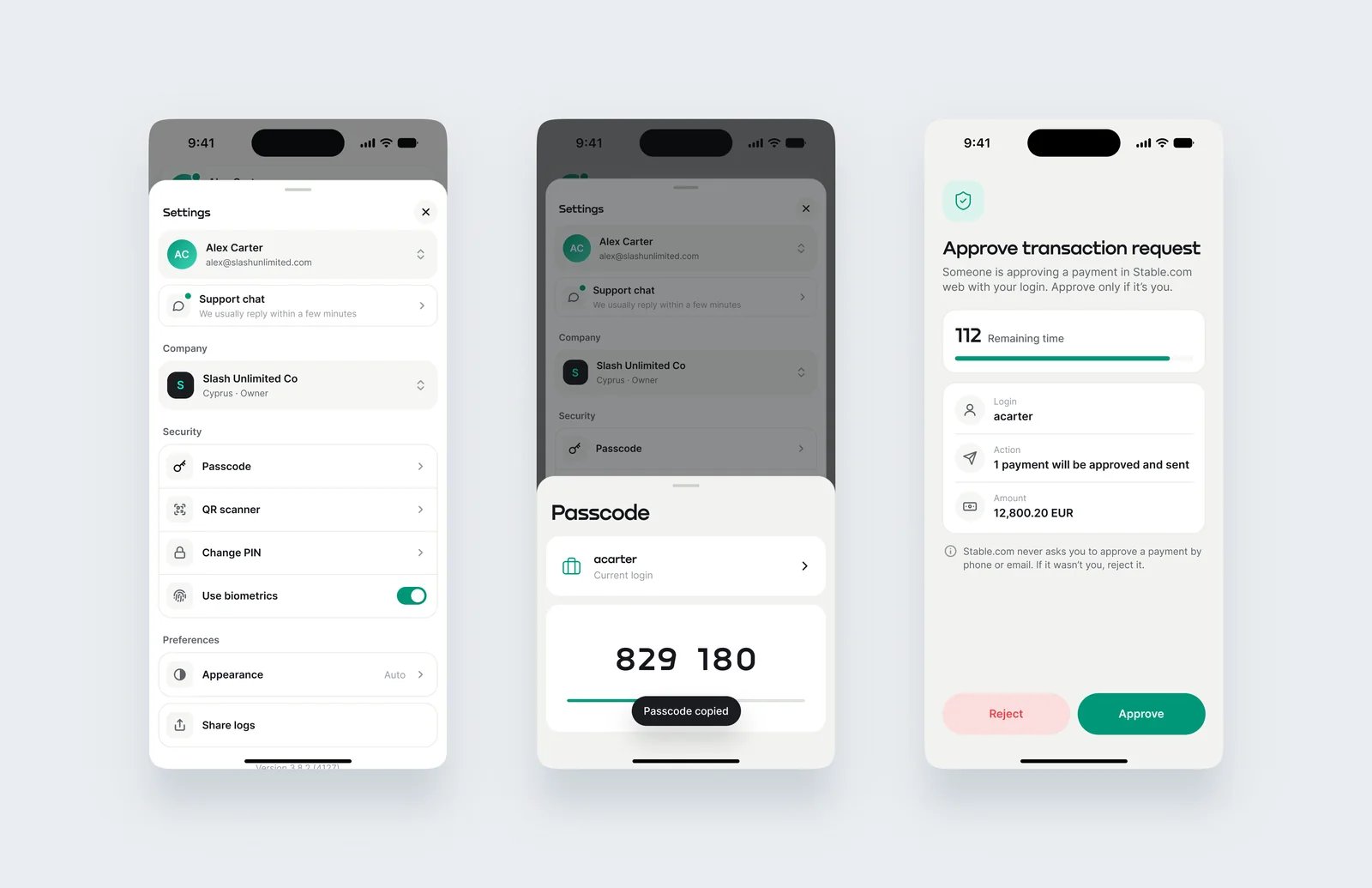 Three mobile screens. Settings with the profile, company and a security group: passcode, QR scanner, change PIN and biometrics. A passcode sheet with a six-digit one-time code for the current login. An approve transaction request with a countdown, the login, the action and the amount, and Reject and Approve buttons