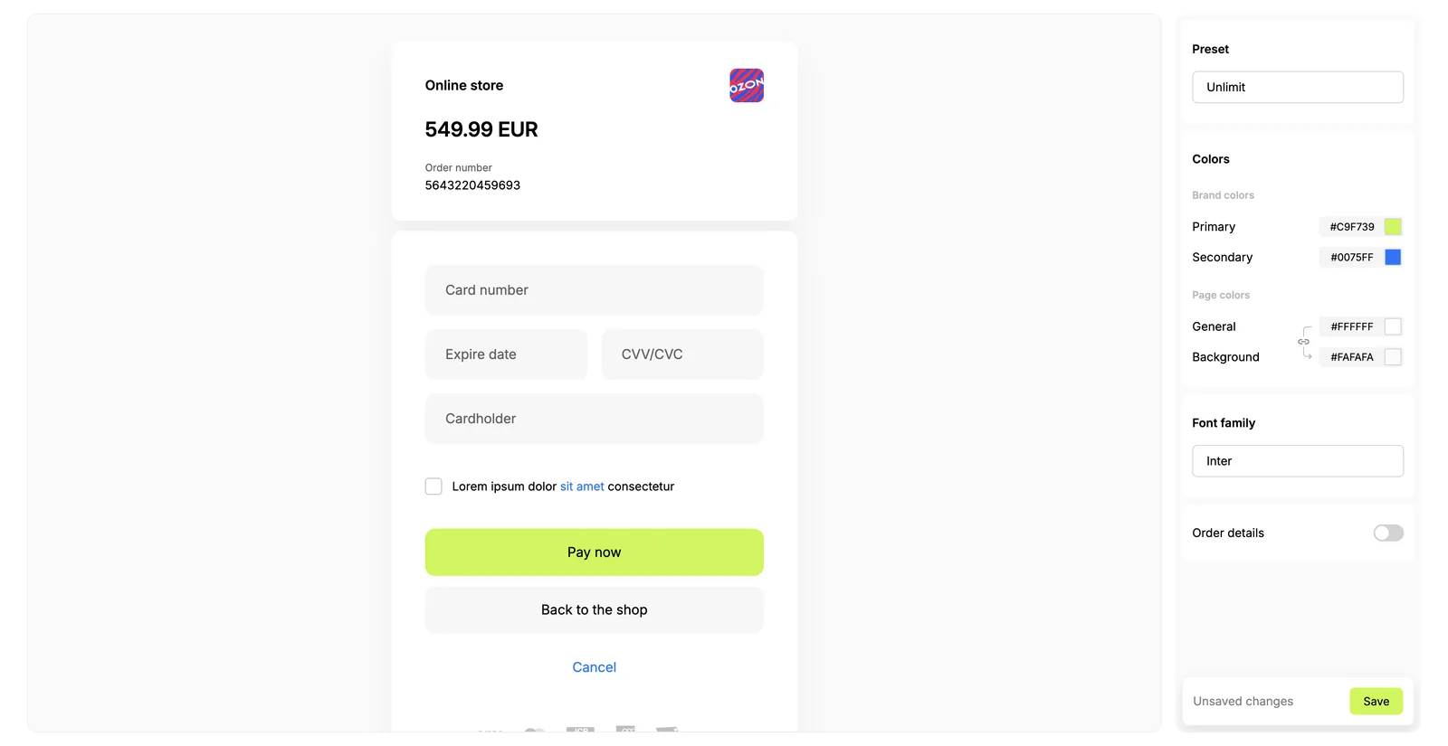 The customiser in the merchant dashboard. On the left, a preview of a card payment page for an online store: the amount, the order number, card fields, a lime Pay now button and Back to the shop. On the right, the settings panel: a preset, brand colours primary and secondary, linked page colours general and background, a font family, an order details switch and a Save button